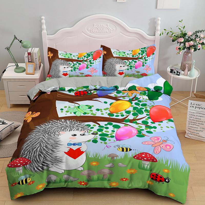 Cute Hedgehog Duvet Cover 3D Cartoon Animal Bedding Set King Full Queen Size Microfiber 3PCS Comforter Cover With Pillowcases