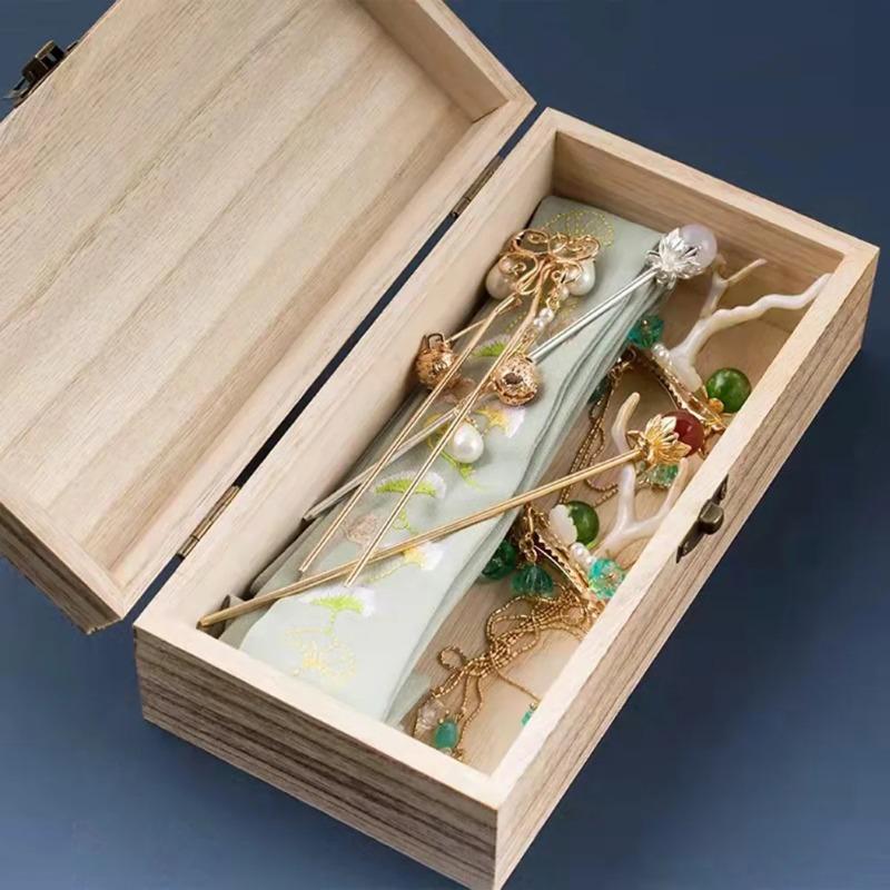 Retro Wooden Jewelry Storage Box Vintage Style With Lock Rectangular Organizer For Ring Necklace Bracelet Hair Clips Office Desk
