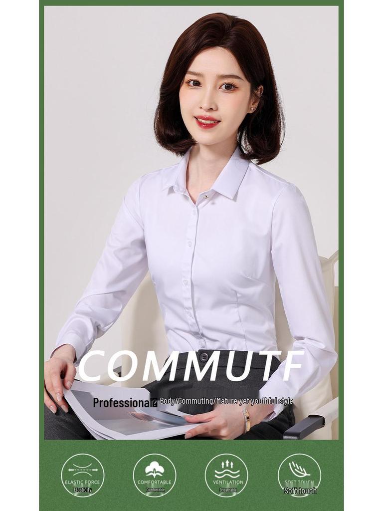 Women's Long Sleeve Professional White Stretch Shirt for College Students and Teachers
