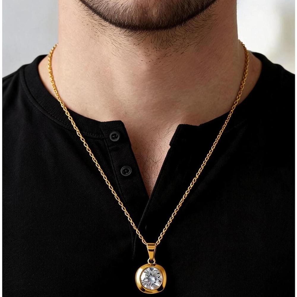 Men's Hip Hop AAA CZ Necklace, Gold Plated Stainless Steel White Zircon Stone Pendant Necklace,Minimalist Jewerly Gift