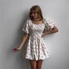 Square neck bubble sleeve dress, new waist skirt in summer in Europe and America, printed short dress