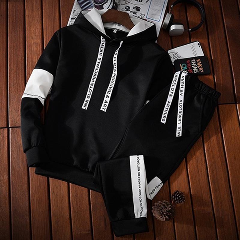 Mens Tracksuit Warm Hooded Sweatshirt+Sweatpants 2 Pcs Sets Winter High Quality Black White Top or Pants Casual Jogging Clothing