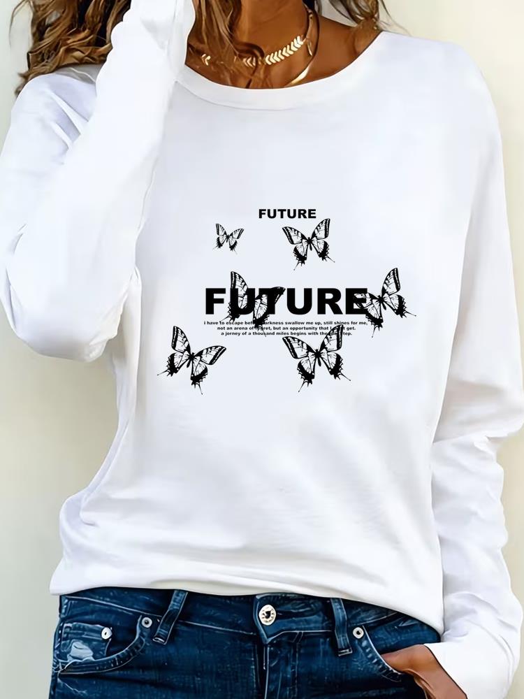 (Asian Size) Print T Shirt Tee Women letter style trend Clothing autumn winter spring Casual Fashion Top o-neck Graphic Long Sleeve T-shirts