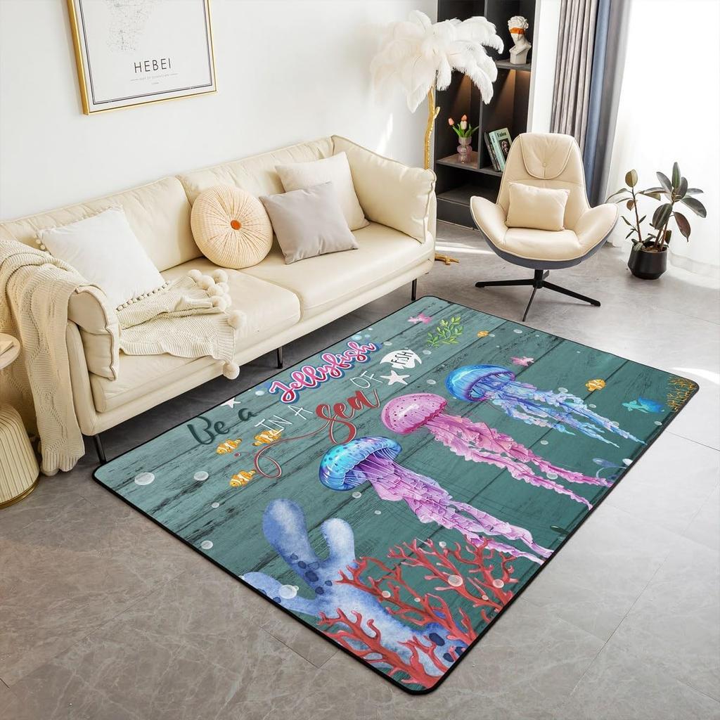 Jellyfish Marine Life Area Rug Dreamy Ocean Animal Non Slip Carpet for Kids Adults Fantasy Moon Clouds Starry Sky Decorative Rug
