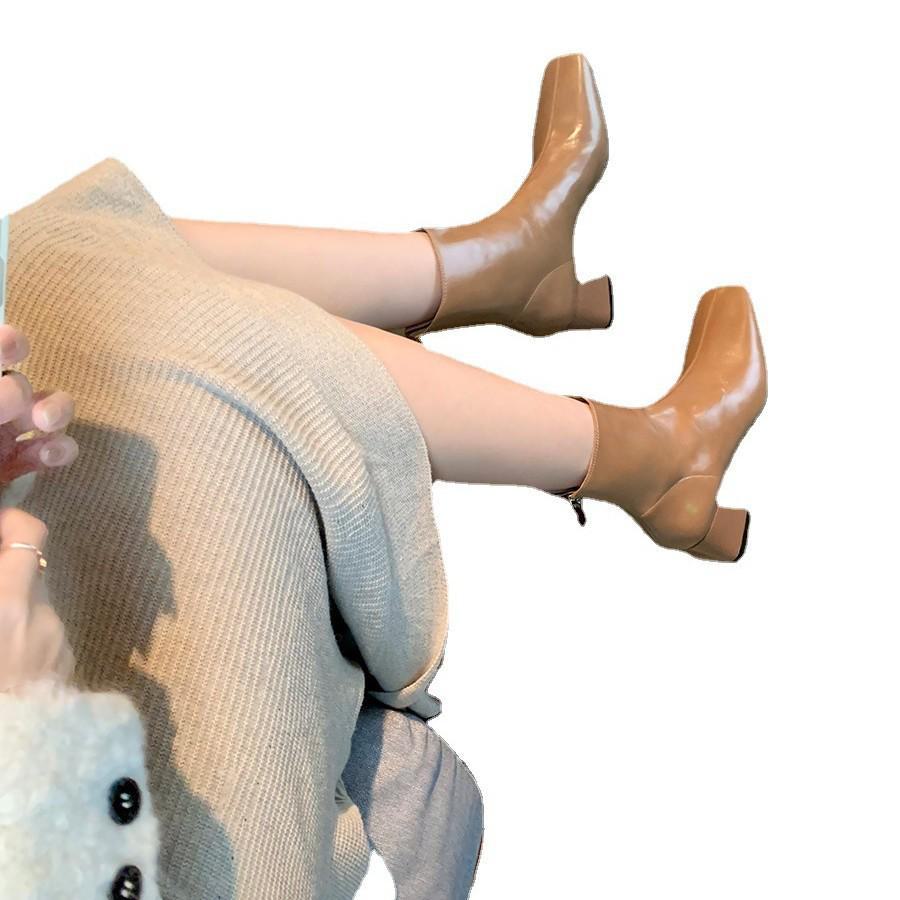 Grape Mom Burgundy French Genuine Leather Ankle Boots - Elegant, Square Toe, Thick Heel, Retro Style, Women's Fashion.