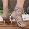Mesh Stiletto Sandals Summer New Round Toe Sequin Cloth Cutout Front Lace-Up Non-Slip High-Top Fish-Mouth Sandals