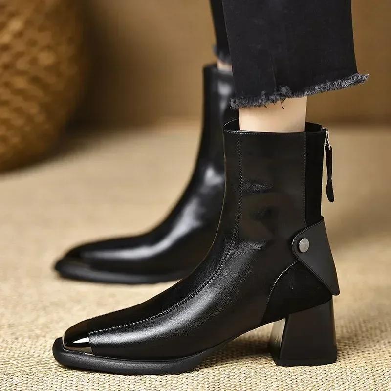 Fashion Women's Fashion Ankle Boots Metal Tip Toe Back Zipper Medium Block Heel Sexy Boots Short Barrel Rubber Sole Leisure Botas Mujer