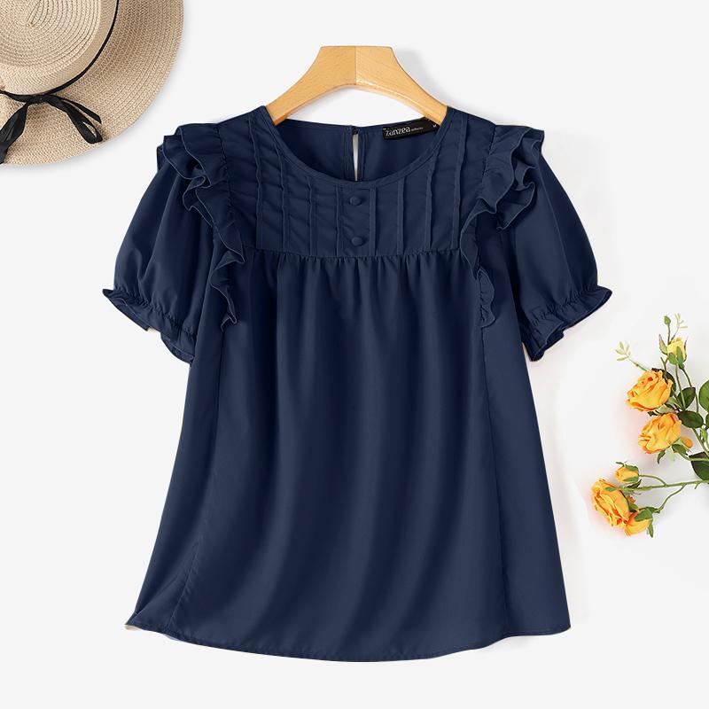 

ZANZEA Женская летняя блузка с круглым вырезом и короткими рукавами в полоску с оборками 2XL