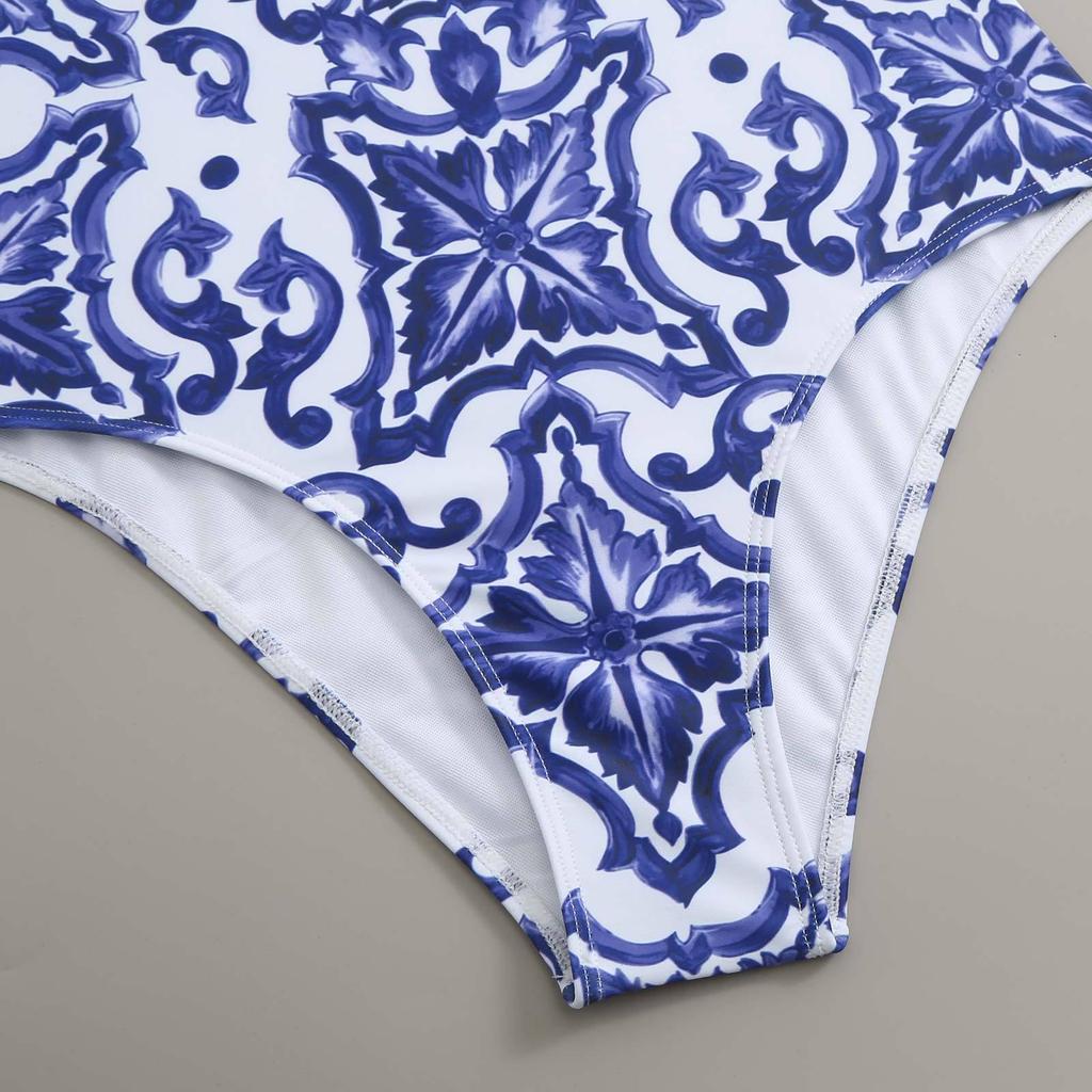 2024 Blue & White Floral Porcelain One-Piece Chiffon Skirt Bikini