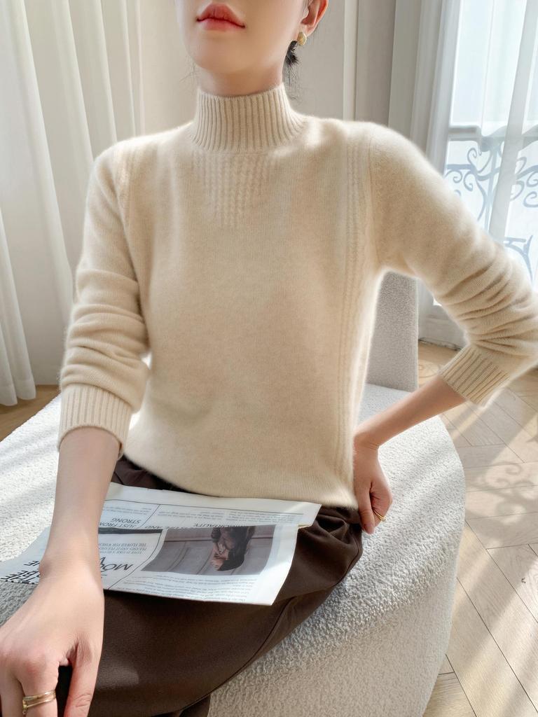 Women's Autumn-Winter Cashmere Jacquard Sweater - Half-High Neck, Loose, Slimming Knit Top