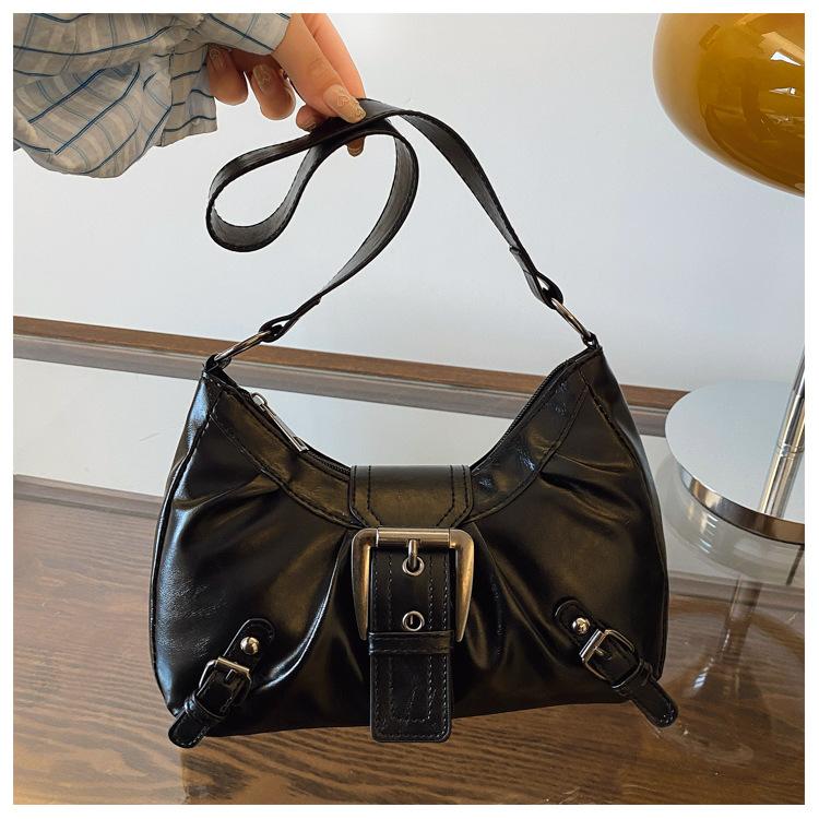 

2026 Vintage Commuter Women Shoulder Bags Y2K Cool Hot Girls Pu Leather Hobos Underarm Bag Solid Color Pleated Ladies Handbags чёрный