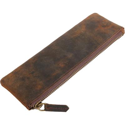 Leather Pen Pencil Case, Zip Pouch, Accessories Holder, Stationery Bag, Classic Handmade Design (Vintage Brown)