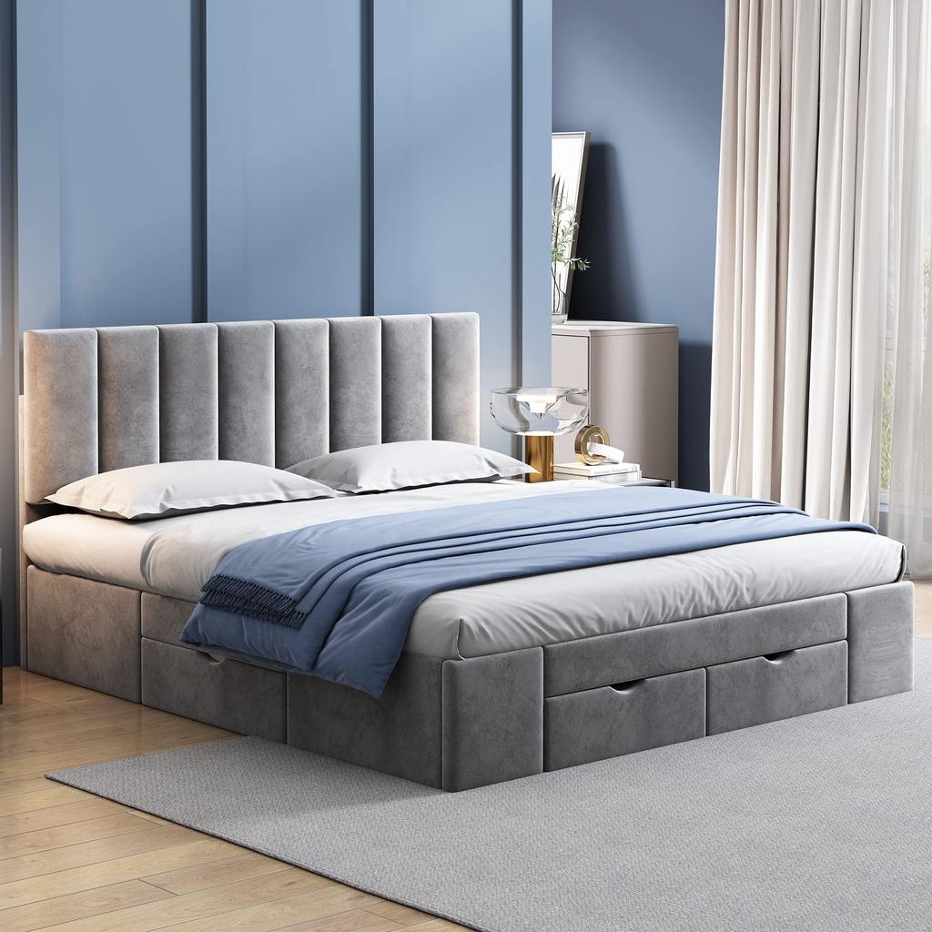 Samt-Stoff Polsterbett 140x200 cm, Stauraumbett 4 Schubkästen, Doppelbett Lattenrost Rückenlehne, Einfacher Stil, Grau