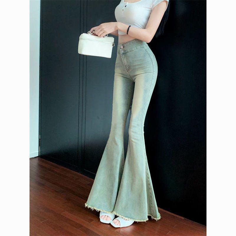 

Women s Retro High Waist Wide Leg Flare Jeans with Frayed Elastic Hem - Korean Style Slimming Fishtail Design L светло-синий