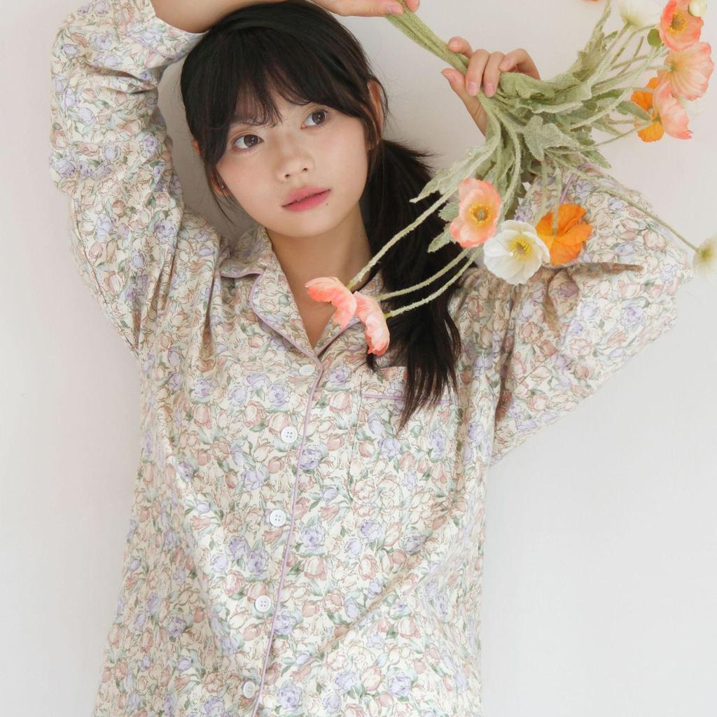 Women's Brushed Cotton French Pajamas - Comfy, Loose-Fit Long Sleeve Set for Spring & Autumn