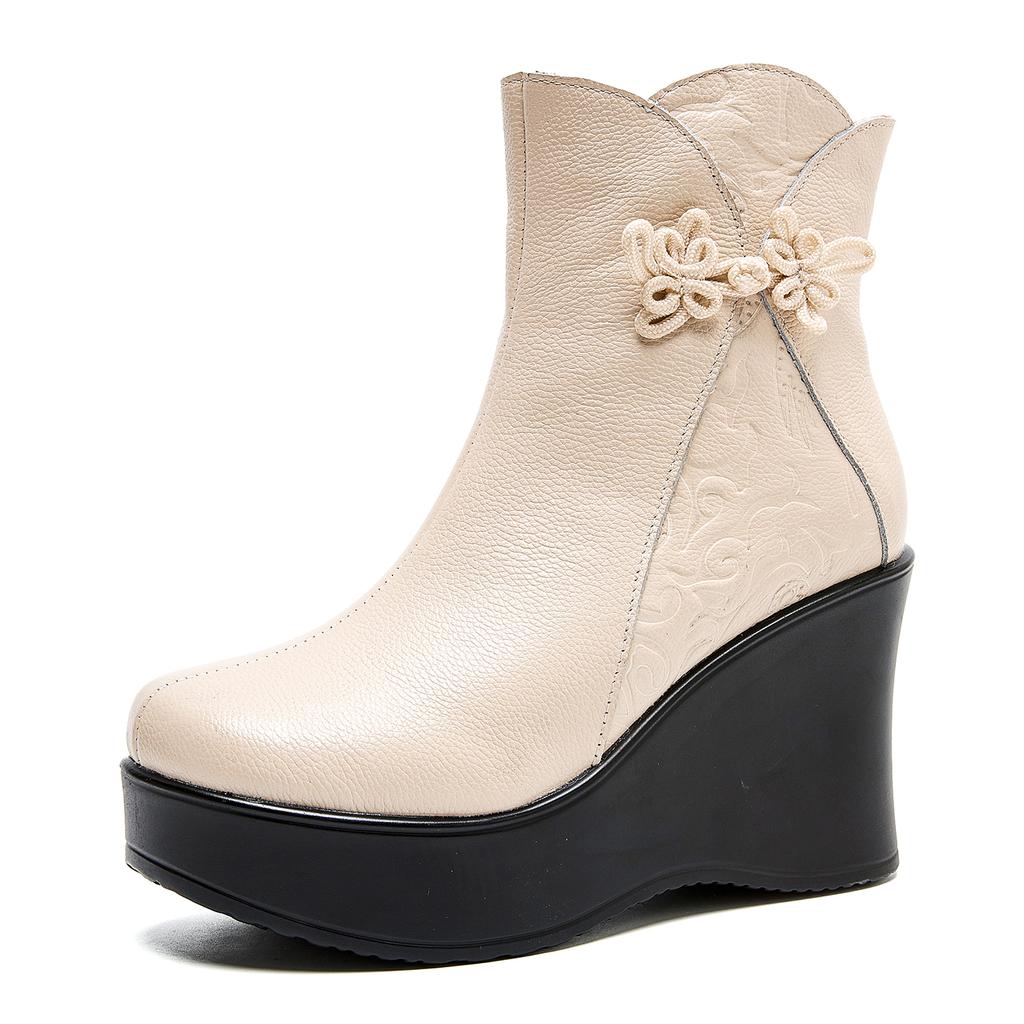 Fashion GKTINOO Handmade Boots For Women Genuine Leather Ankle Shoes Vintage Platform Women Shoes Round Toe Wedges Boots