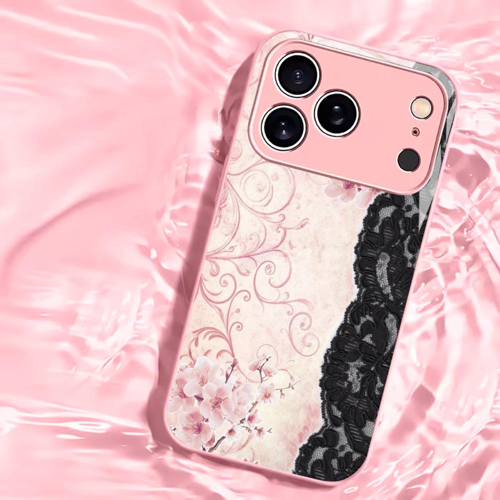 Luxury Pink Floral Lace Split phone case mobile phones for iphone 17 pro max cover Glass for iPhone 17 16 15 14 13 12pm Pro Plus