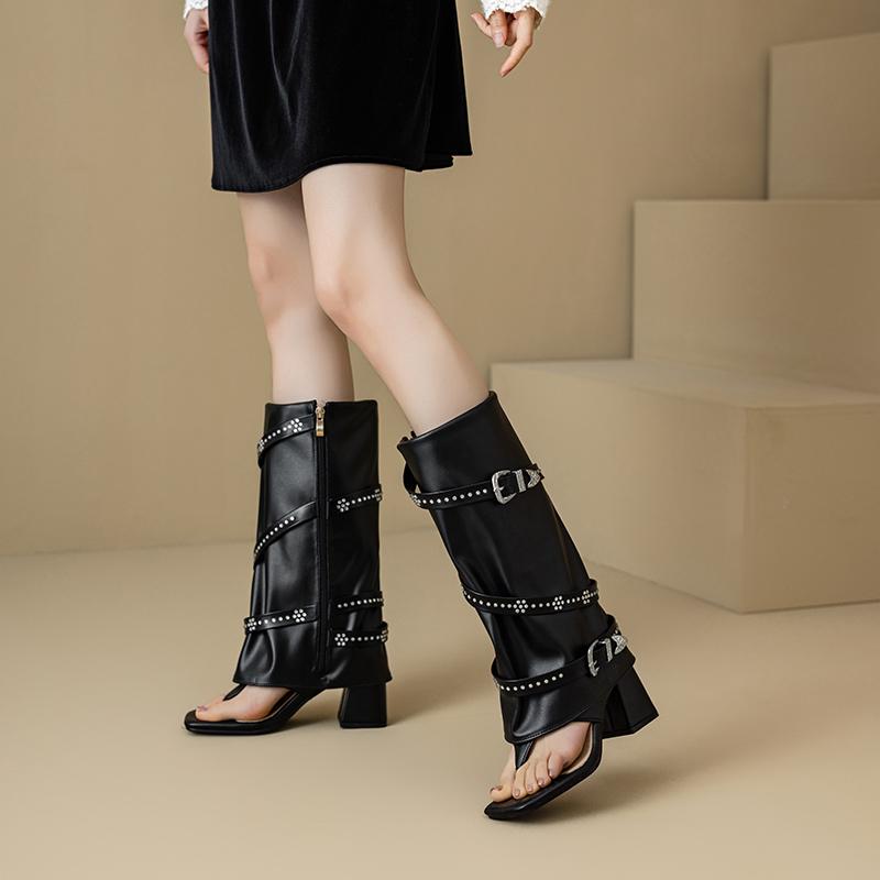 Plus Size Roman Clip Toe High Tube Women's Cool Boots Thin Strap Decal Belt Buckle Zipper Ultra Thick Heel Hollow Sexy Sandals