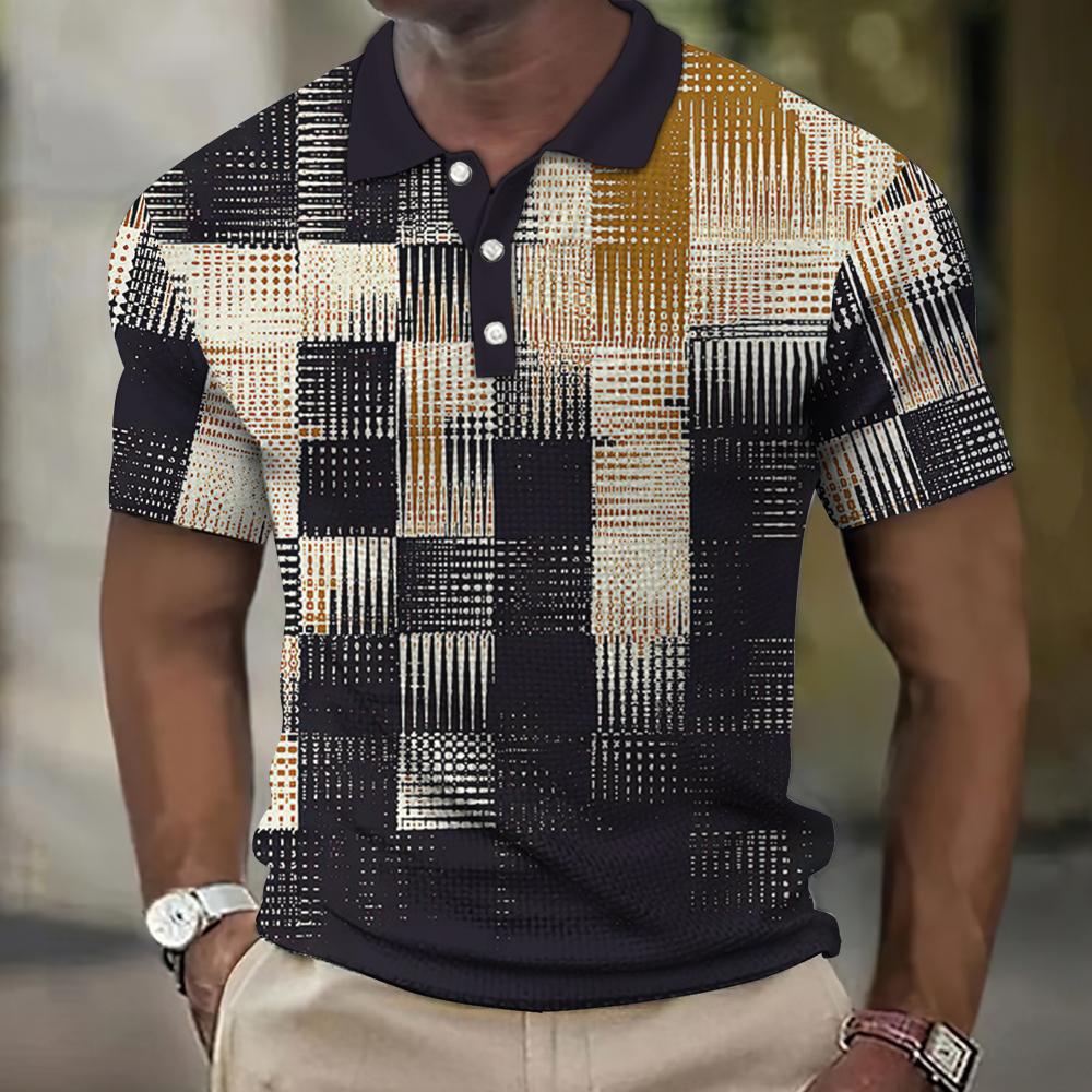 Men's 3D Plaid Print Casual Loose Short Sleeve Polo Shirt