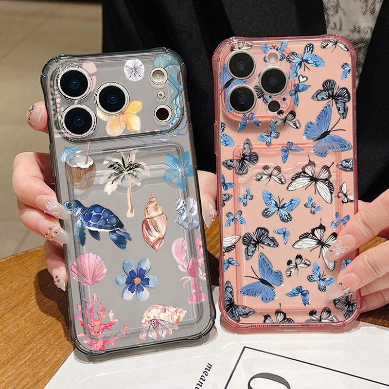 Husă Telefon cu Buzunar pentru Carduri Scoică Balenă Pentru iPhone Air 17 16e 16 15 Pro Max 14 13 Pro Rezistentă la Șocuri Transparentă Moale TPU