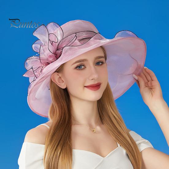Chapeau de soleil à large bord en organza avec fleurs et plumes, protection UV, matériau translucide, pour femme