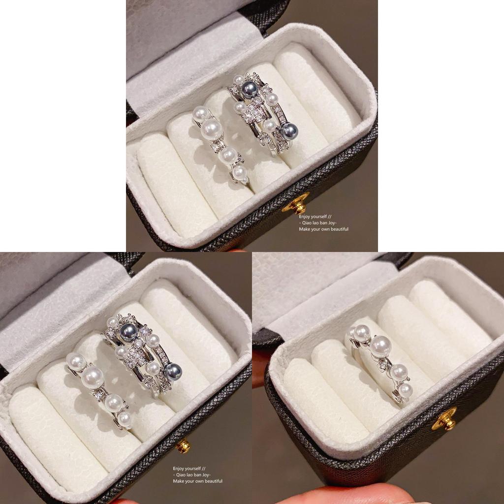 Zircon Threelayer Pearl Open Ring For Women Geometric Style Elegant Jewelry