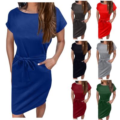 Women's  Fashion Summer Solid Color Crewneck Short Sleeve Lace-up Pocket Dress
