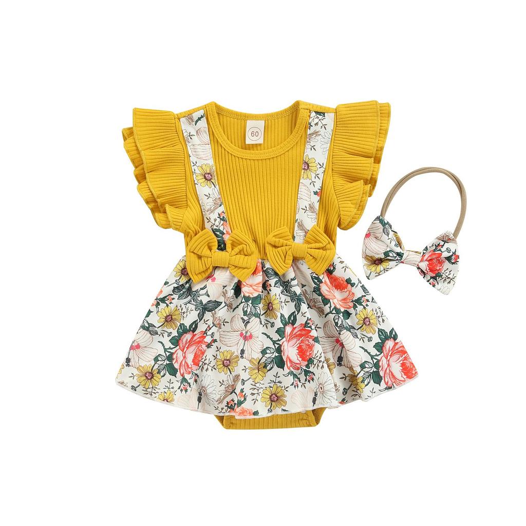 Salopetă de vară pentru bebeluși pentru bebeluși, mânecă cu volană, rochie cu imprimeu floral, body mozaic + bentiță cu fundă