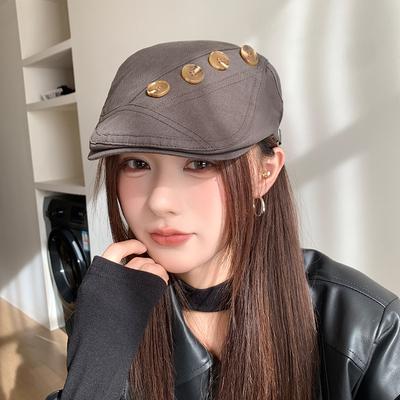 Korean Style Retro Button Forward Hat for Women Autumn and Winter Literary Duck Bill Painter Hat Personality Casual Versatile Face Showing Beret