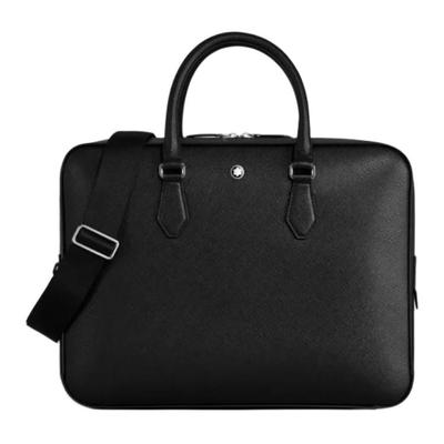Montblanc Geantă de piele clasică sartorială cu logo, închidere cu fermoar, pentru umăr sau crossbody, dimensiune medie, pentru bărbați, Negru MB198851