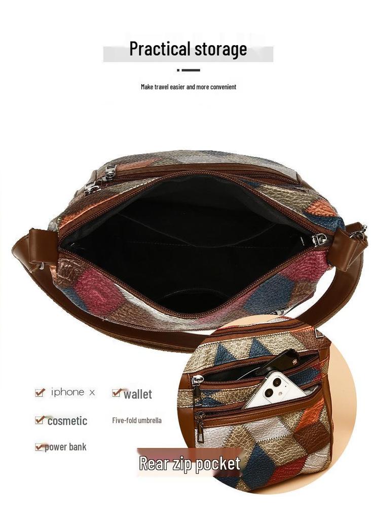 Women's Large Capacity Soft Leather Patchwork Crossbody Bag - Retro Multi-pocket Shoulder Bag for Work & Commute.