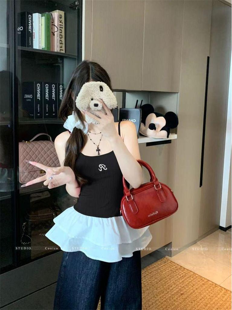 Women's Summer Slim Fit Red Knit Lace Camisole Tank Top, Ballet-Style Embroidered Design, Wearable As Outerwear.