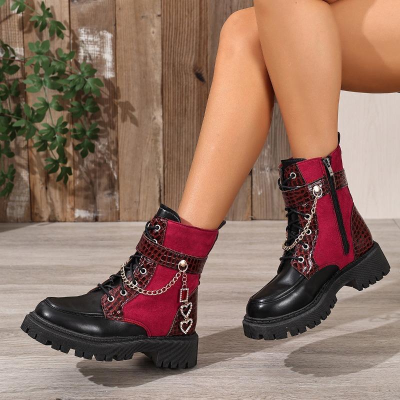 Side Zip Block Heel Booties Round Toe Spliced Lace-up Metal Chain Soft Sole Non-Slip Plus Size Women's Shoes