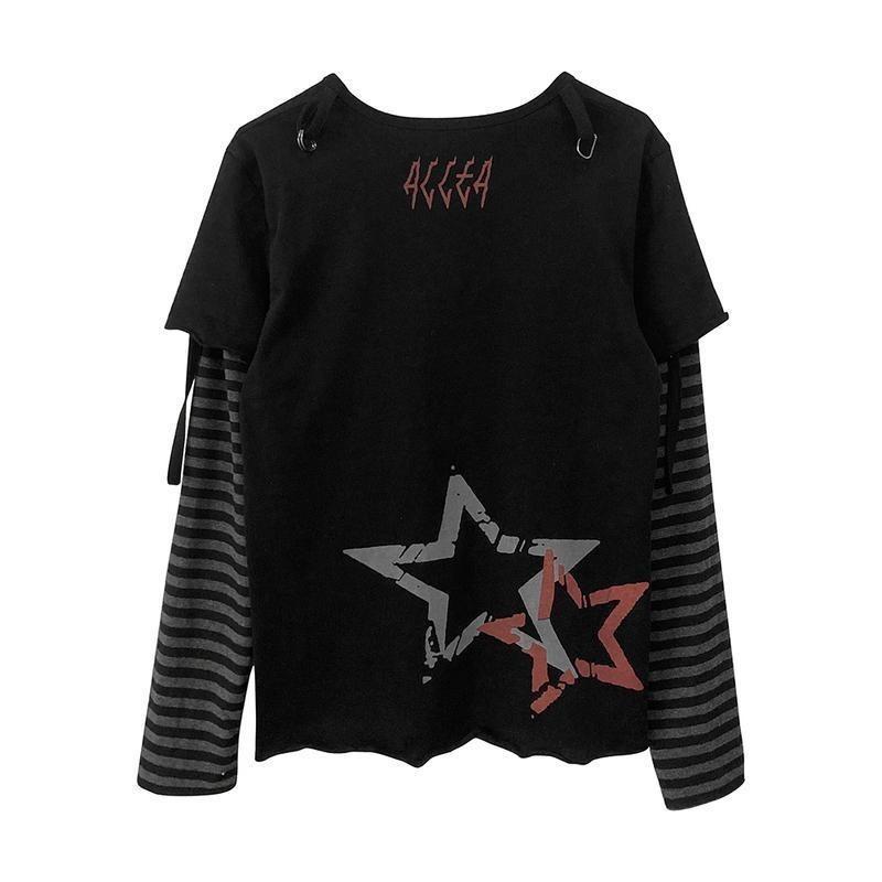 2KWEIRD Japanese Y2k Aesthetic Long Sleeve Graphic T Shirt Women Kawaii Cartoon Print Ripped Hollow T-shirt Harajuku Grunge Tee