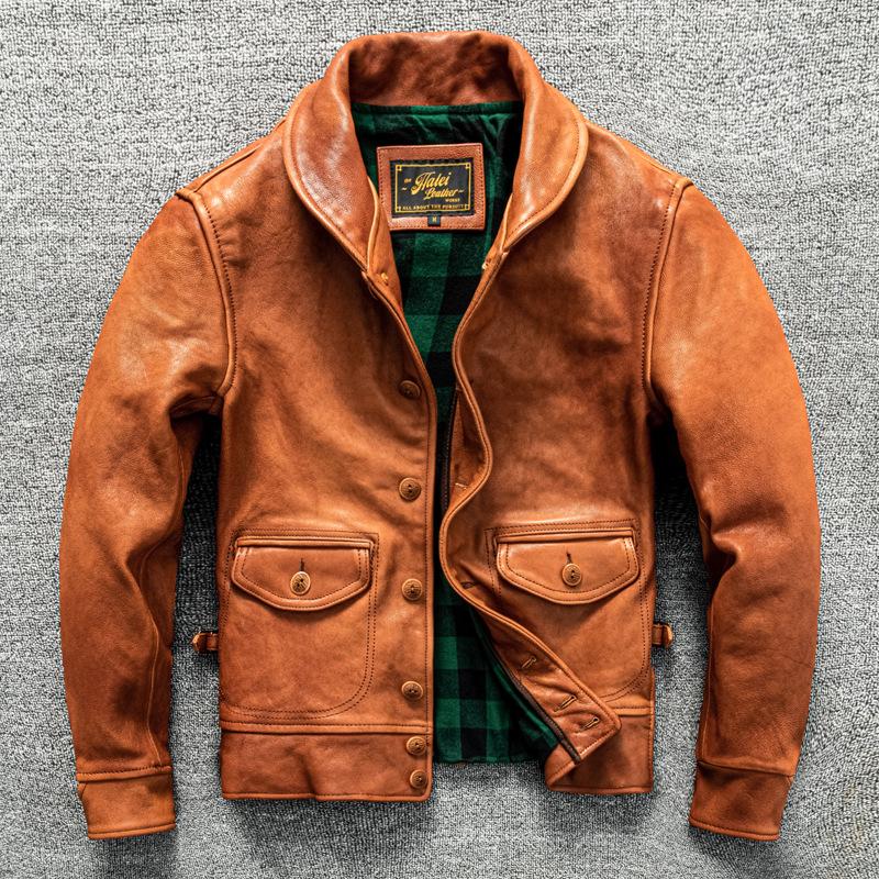 

Кожаная куртка из натуральной кожи для мужчин, приталенная кожаная куртка, осенне-зимняя куртка 5XL оранжевый