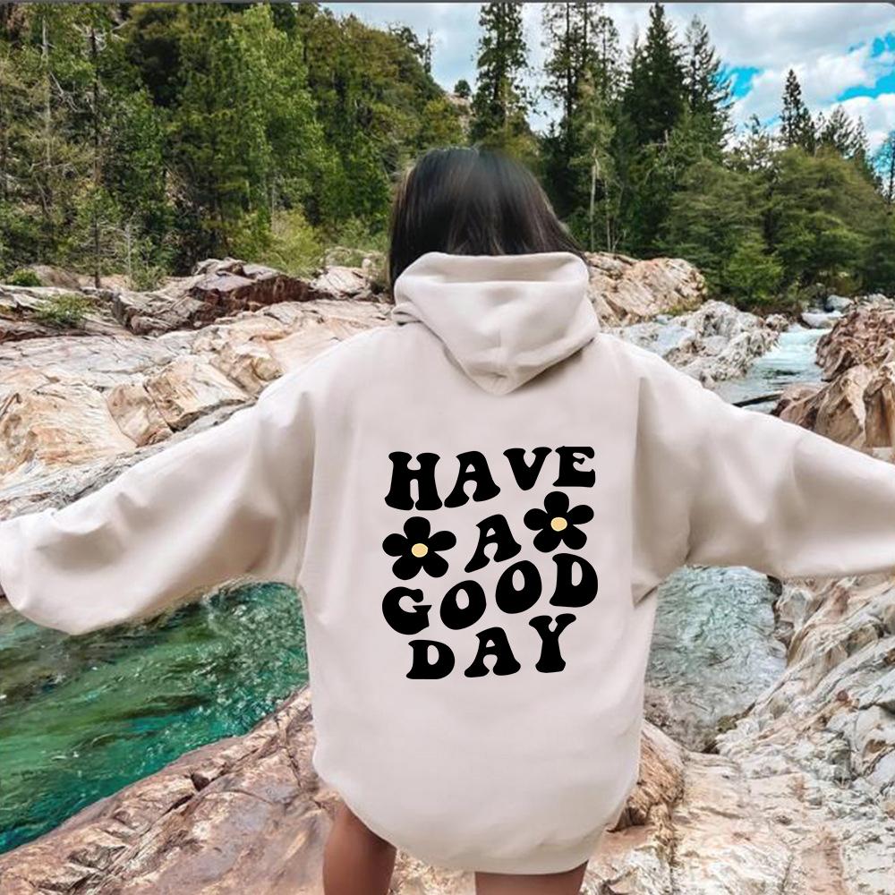 Have a Nice Day Hoodie Women's Long Sleeve Top Y2K Letter Flower Pattern Oversized Hoodie Fleece Autumn Clothes