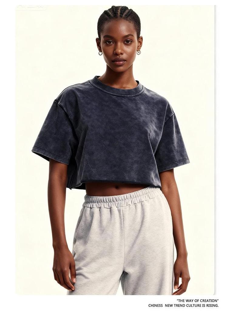 Women's Washed Vintage Cropped T-shirt: Heavyweight 230g Pure Cotton, Retro Loose Fit, Short Sleeve Waist-Length Top
