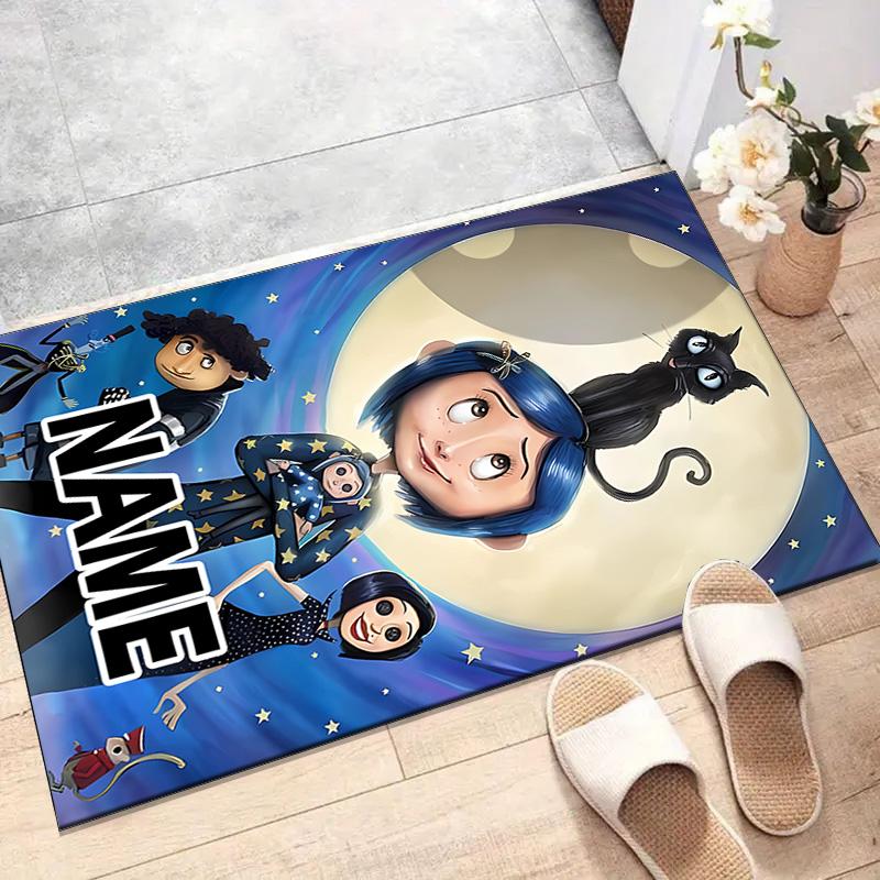 Custom Coraline Mat Personalized Name, Polyester Washable Indoor Entryway Rug, Gift for Christmas, Easter, Thanksgiving Day