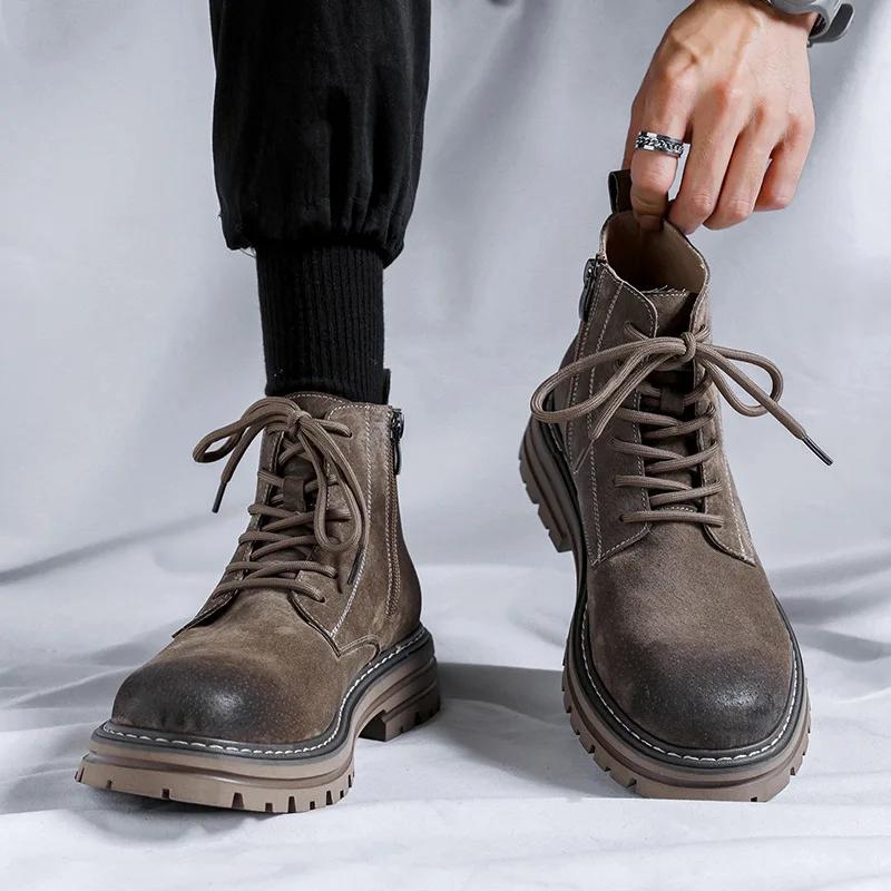 Frühlings- und Herbst Herrenstiefel ANKLE Basic Neu Retro Britisch Hochschaft Wildleder Reißverschluss Dicksohlige Arbeitsstiefel Herrenschuh Grau