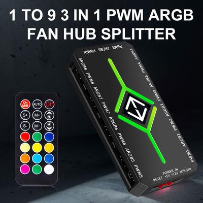 1/2Pcs 1 To 9 Ports 3 In 1 5V 3 Pin ARGB Controller Cooling Fan Hub with Remote 4 Pin PWM Magnetic Suction Hub SATA Power Supply