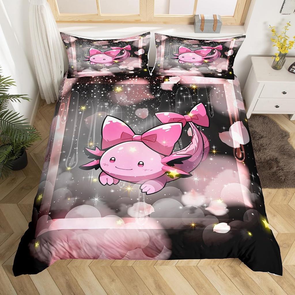 Cartoon Axolotl Duvet Cover Queen Twin Size Salamander Bedding Set for Kids Boys Girls Kawaii Sealife Creature Comforter Cover