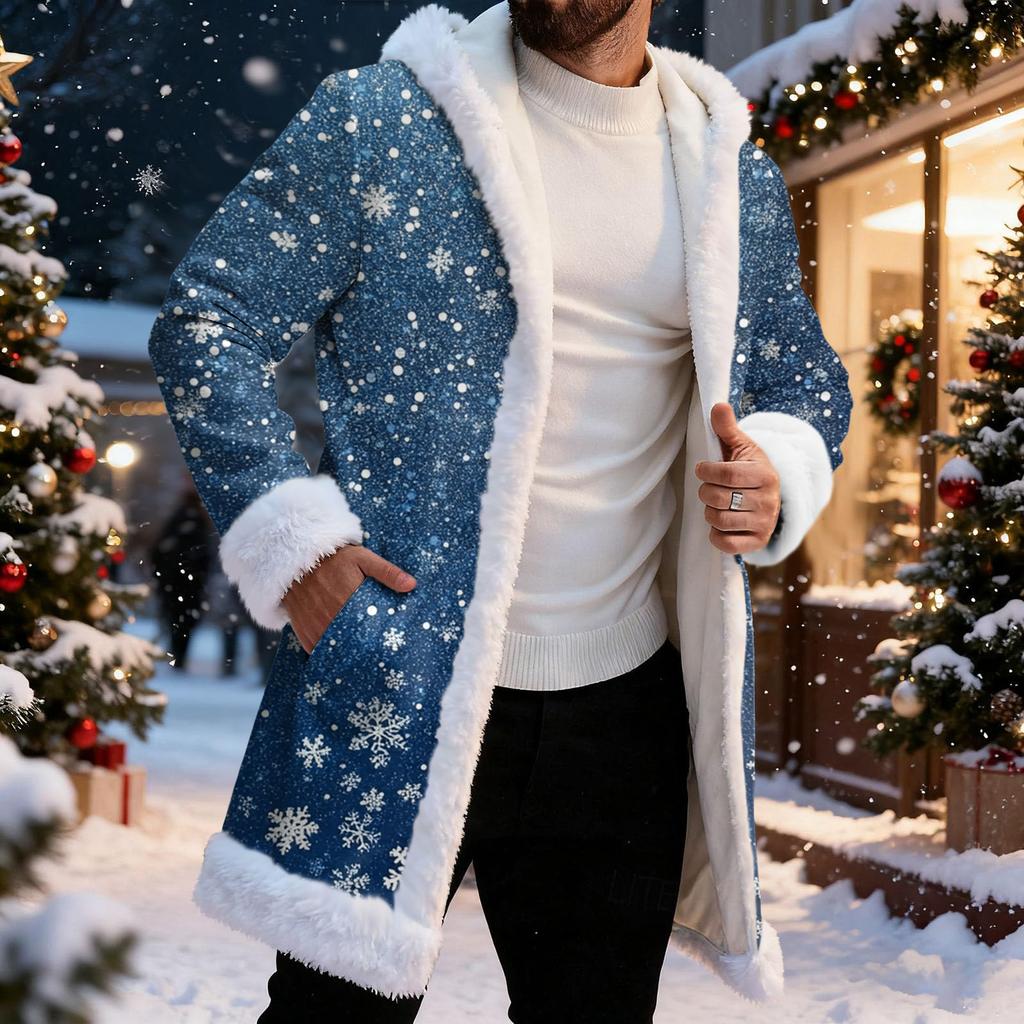 Men's Christmas Long Hooded Cardigan With Pockets Warm Jacket