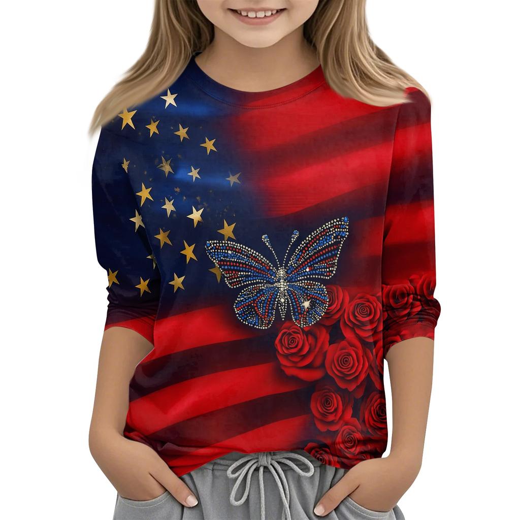 Children's Independence Day Printed Round Neck Seven Quarter Sleeve Casual T-shirt