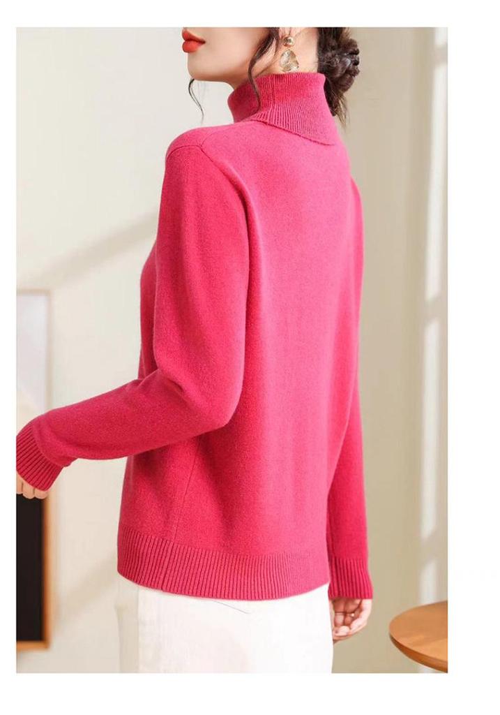 Women's Pure Wool High Neck Sweater - Loose, Slimming, Solid Color, Autumn/Winter Base Layer