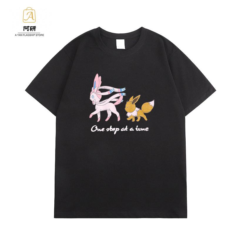 

New Pok É Mon Tshirt Sketch Wind Leather Versatile and Weird Eevee Short Sleeve Childrens Family Clothing 4XL