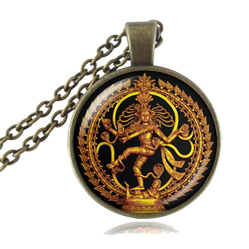 

Golden Buddha Necklace Dance of Destruction Lord Shiva Pendant Glass Buddhist Jewelry Hindu Deity Spiritual Amulet Necklace 55cm