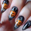 24Pcs Halloween Press On Nails Medium Almond Fake Nails Pumpkin Ghost Spider Web Design Full Cover False Nail Tips