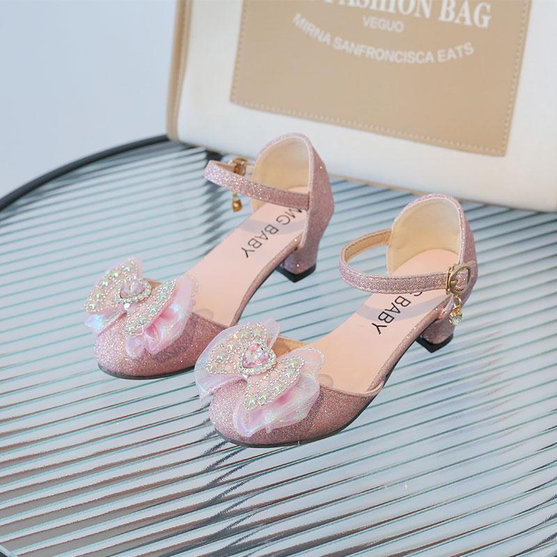 Girls Elegant Low-heeled Girls Mary Jane for Party Wedding 2024 Summer New Bow Rhinestone Sweet Princess Kids Fashion Sandals