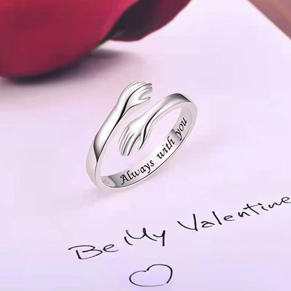 2pcs Lettering Silver Color Warmly Embraced Love Hug Open Ring Women Creative Hands Embracing Adjustable Valentine's Day Rings