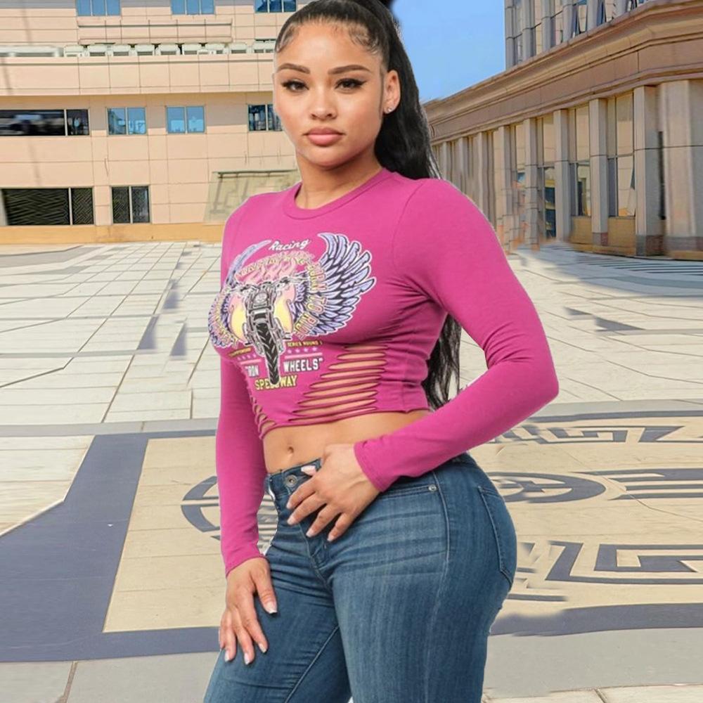TD Spice Girl Style European and American Crew Neck Navel Cut Women's Wear Versatile Skinny Letter Long Sleeve Top T-Shirt